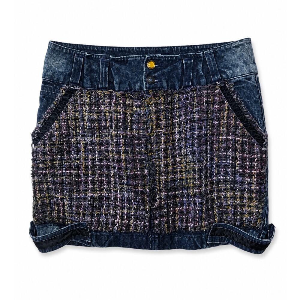 Desigual Denim Tweed Mini Skirt Size 40 Blue Purple Textured Boho Chic